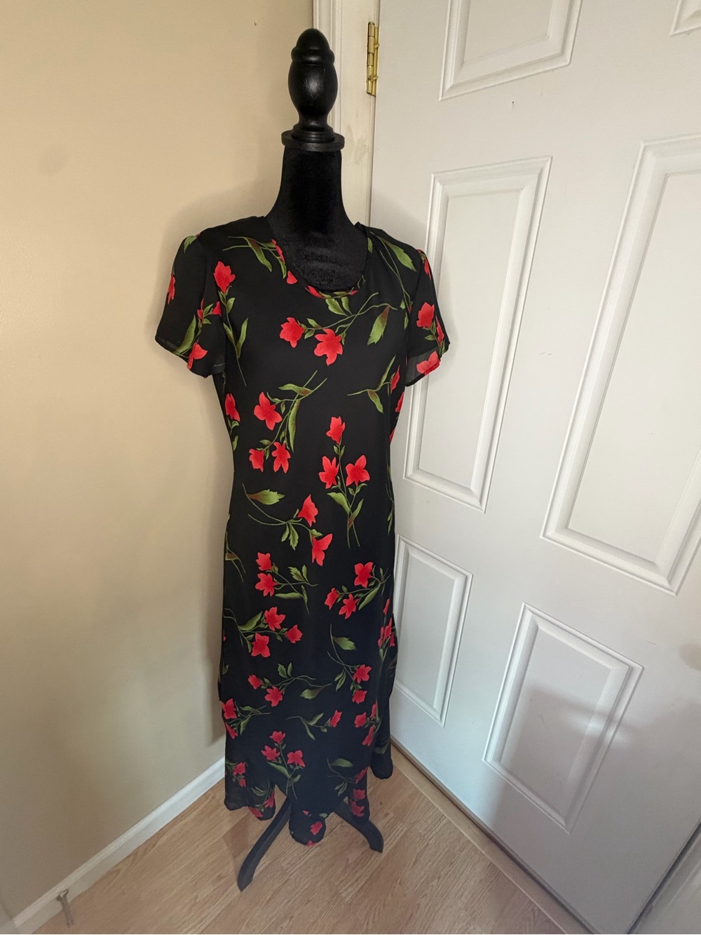 Vintage 90s Fashion Bug Floral Midi Dress Size 8 Black Red Asymmetrical Hem